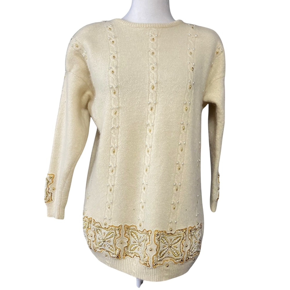 Vintage Marisa Christina Sweater Tunic Womens L White Beaded Pearl 80s